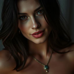 A sensual portrait of an attractive individual with sultry eyes and a seductive smile, set against a softly lit backdrop that enhances the subject's alluring features