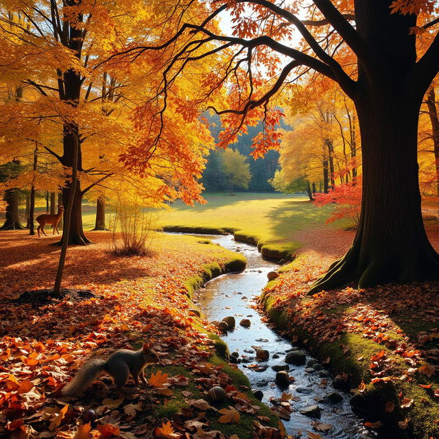 A beautiful, tranquil forest scene during autumn, with golden and red leaves falling gently from the trees