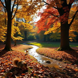 A beautiful, tranquil forest scene during autumn, with golden and red leaves falling gently from the trees