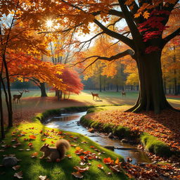 A beautiful, tranquil forest scene during autumn, with golden and red leaves falling gently from the trees