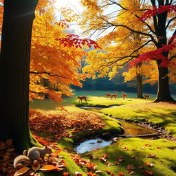 A beautiful, tranquil forest scene during autumn, with golden and red leaves falling gently from the trees