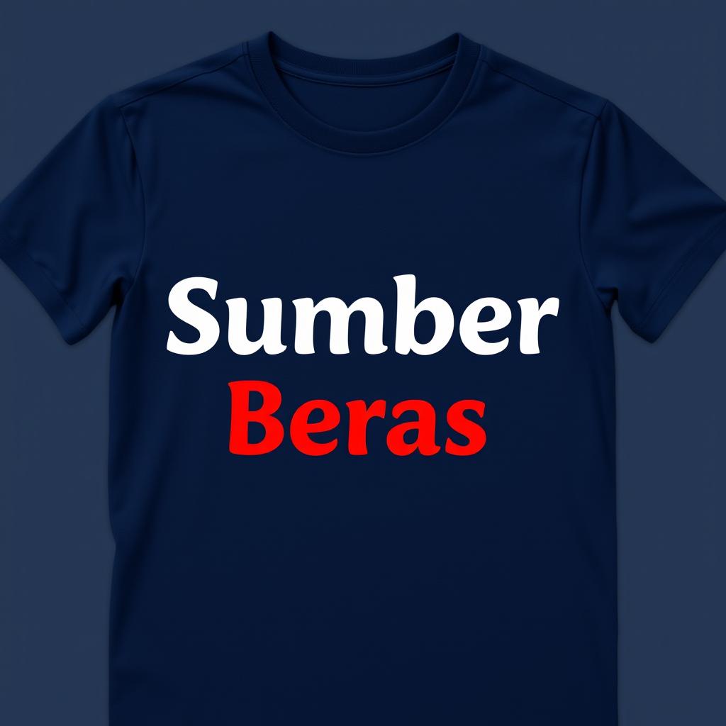 A dark blue t-shirt with the text "Sumber Beras" prominently displayed on the front