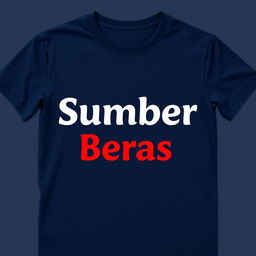 A dark blue t-shirt with the text "Sumber Beras" prominently displayed on the front