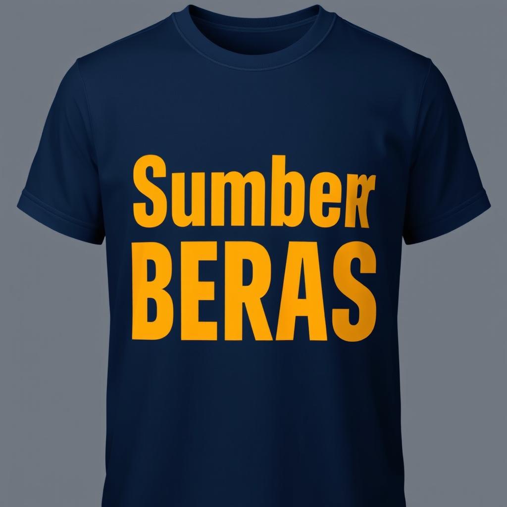 A dark blue t-shirt with the text "Sumber Beras" prominently displayed on the front