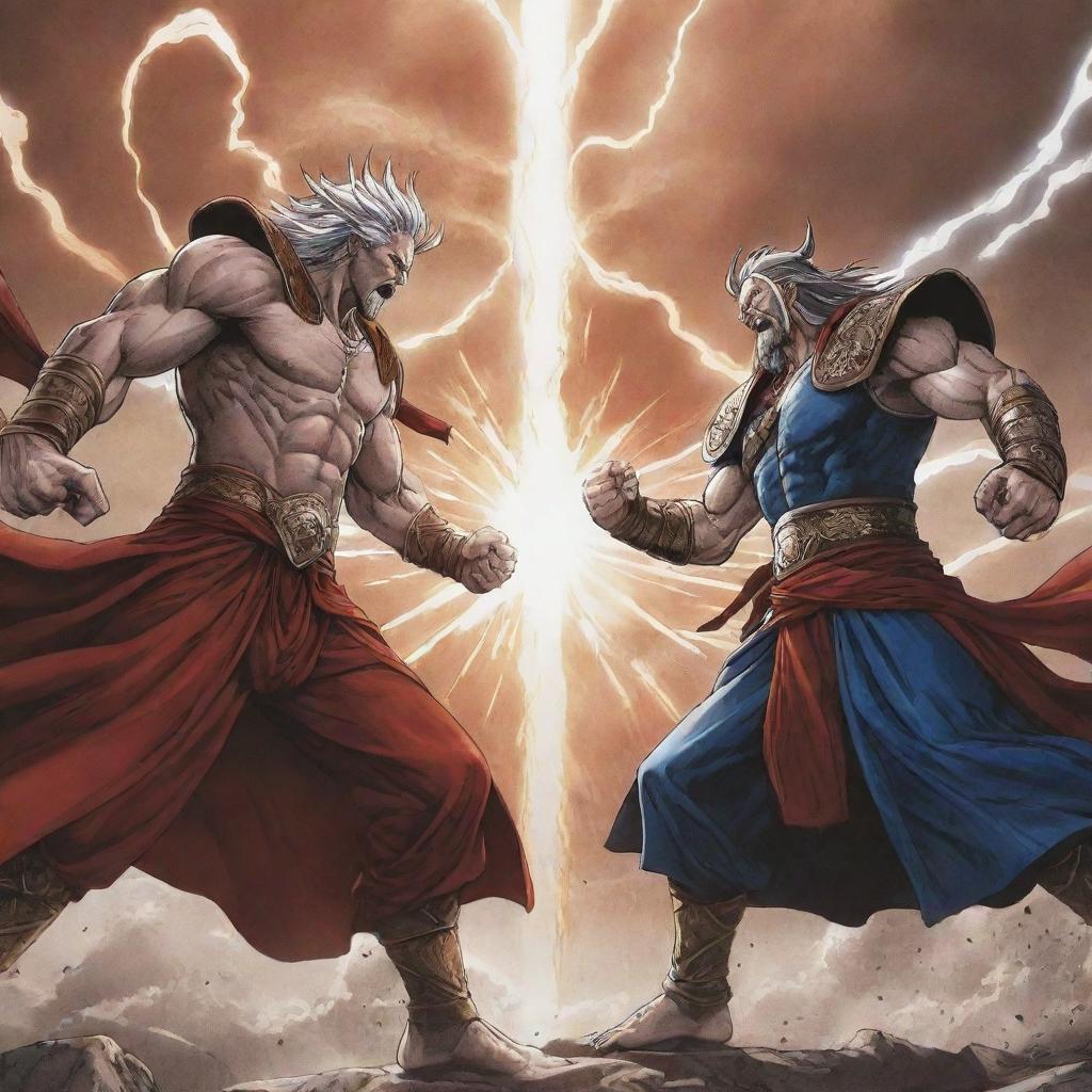 A dynamic scene from the manga, 'Record of Ragnarok', showcasing a pivotal fight between two prominent characters amidst the grand divine setting.