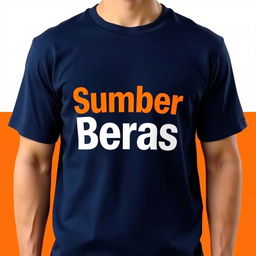 A dark blue t-shirt with the text "Sumber Beras" prominently displayed on the front