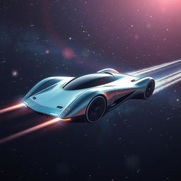 A futuristic flying car soaring through the vastness of space, its sleek design illuminated by the distant light of stars