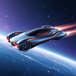 A futuristic flying car soaring through the vastness of space, its sleek design illuminated by the distant light of stars