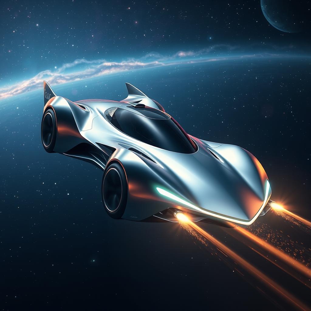 A futuristic flying car soaring through the vastness of space, its sleek design illuminated by the distant light of stars