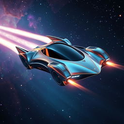 A futuristic flying car soaring through the vastness of space, its sleek design illuminated by the distant light of stars