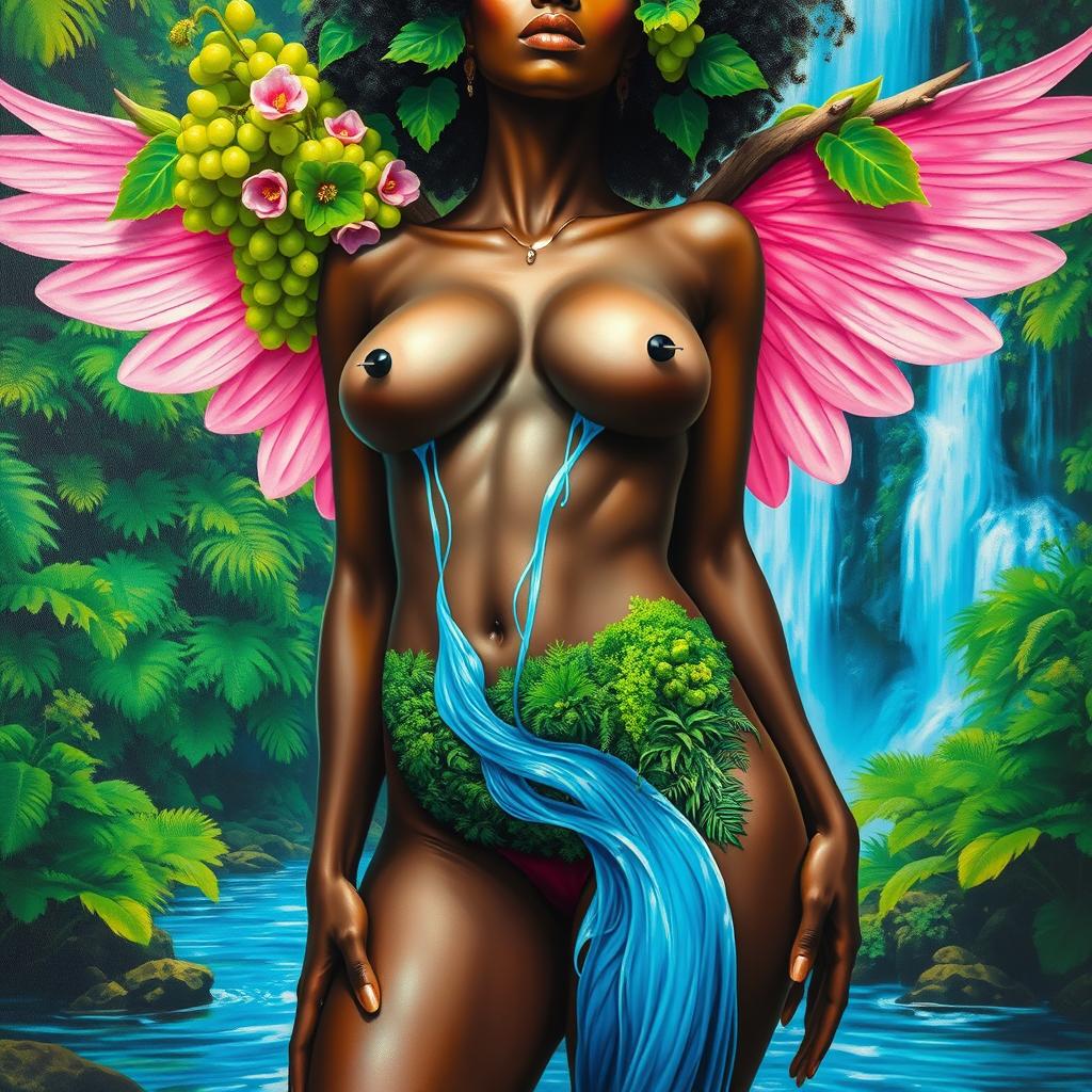 A polished, oil-based painting showcasing a full body macro view of a stunning nude black woman