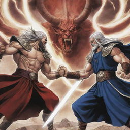 A dynamic scene from the manga, 'Record of Ragnarok', showcasing a pivotal fight between two prominent characters amidst the grand divine setting.