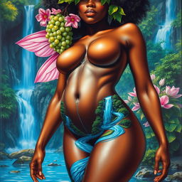 A polished, oil-based painting showcasing a full body macro view of a stunning nude black woman