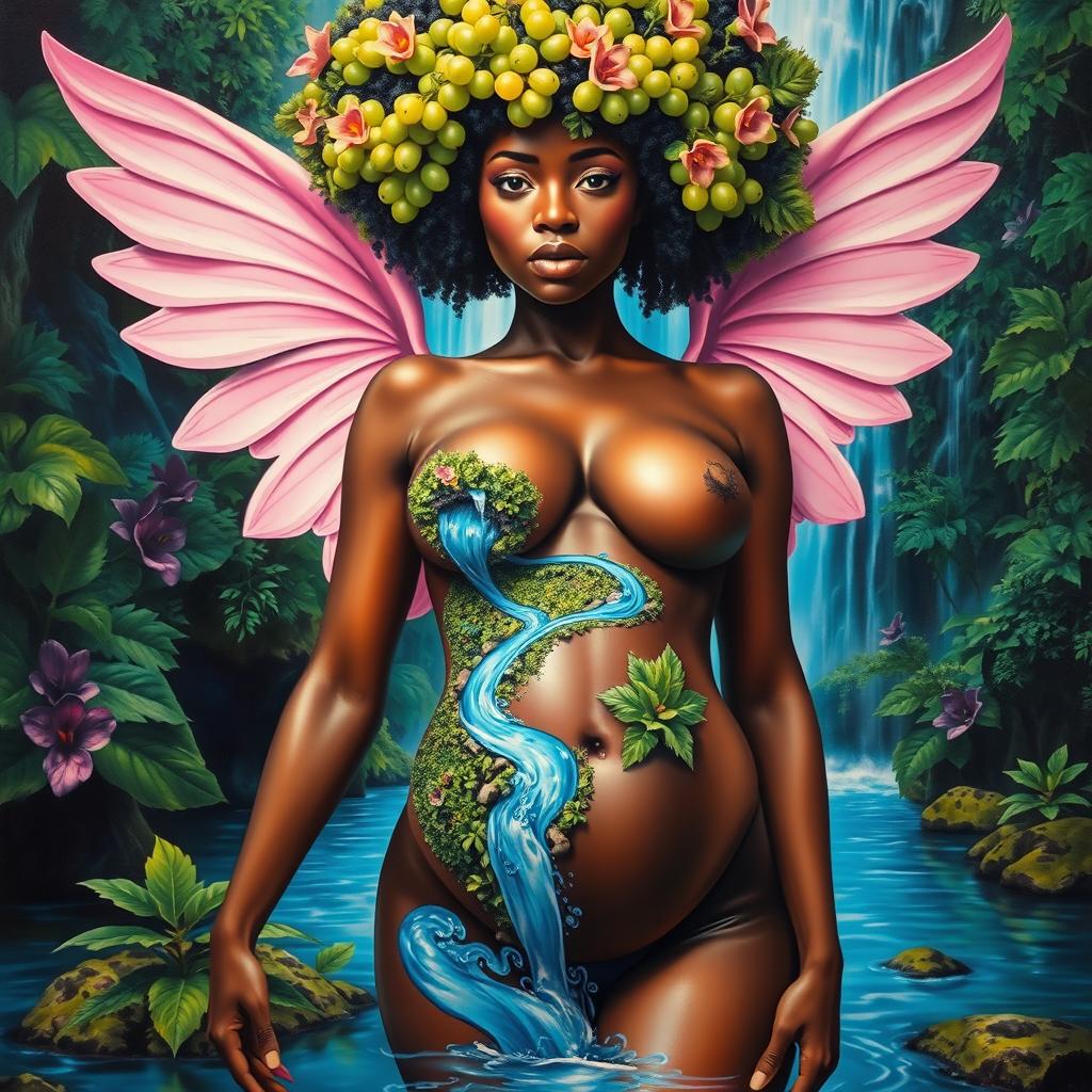 A polished, oil-based painting showcasing a full body macro view of a stunning nude black woman