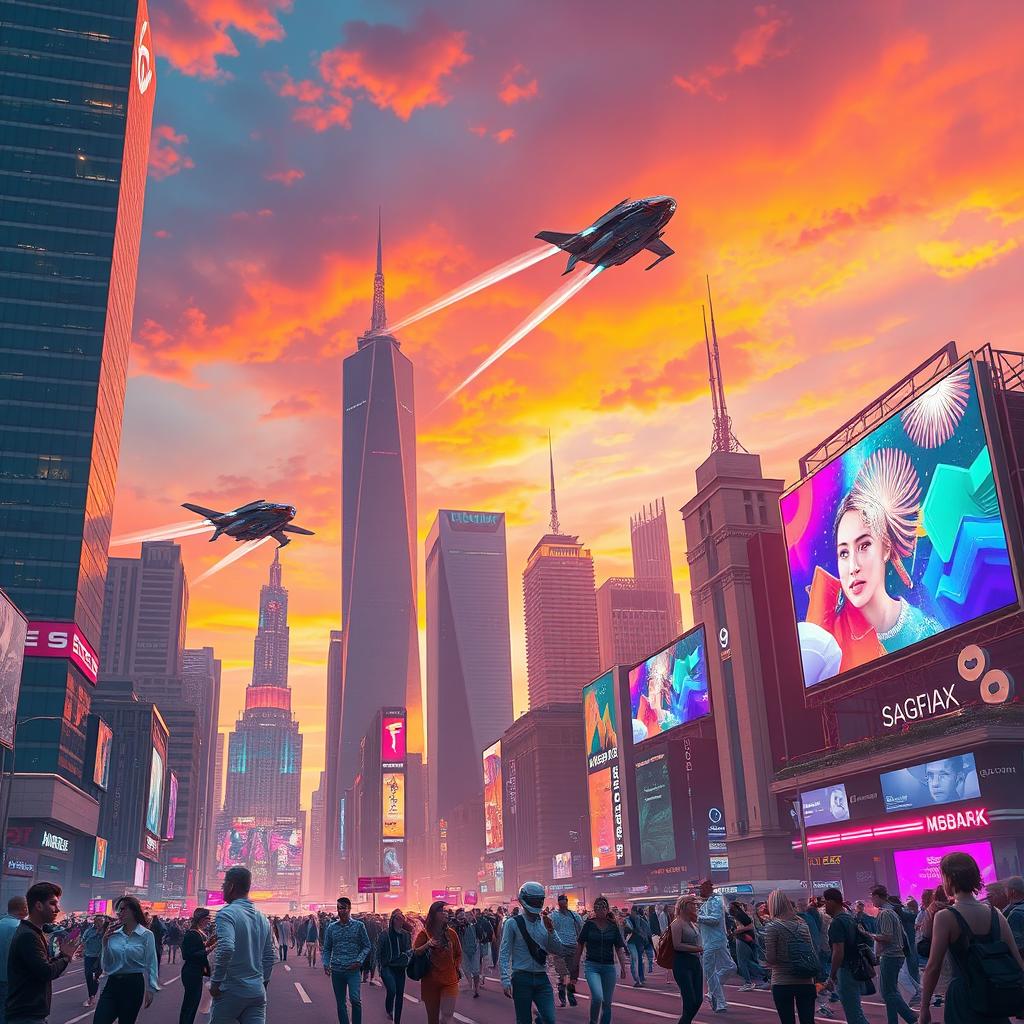 A futuristic cityscape under a vibrant sunset sky, with neon lights illuminating the towering skyscrapers