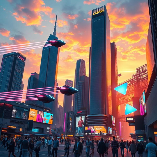 A futuristic cityscape under a vibrant sunset sky, with neon lights illuminating the towering skyscrapers