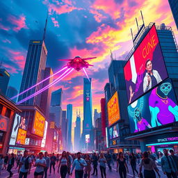 A futuristic cityscape under a vibrant sunset sky, with neon lights illuminating the towering skyscrapers