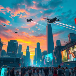 A futuristic cityscape under a vibrant sunset sky, with neon lights illuminating the towering skyscrapers