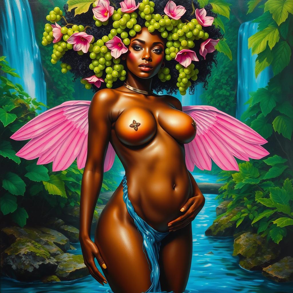 A polished oil-based painting of a full body view featuring a gorgeous nude black woman with bright green grapes forming her afro and ethereal pink wings