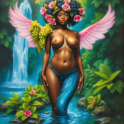 A polished oil-based painting of a full body view featuring a gorgeous nude black woman with bright green grapes forming her afro and ethereal pink wings