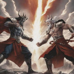 A dynamic scene from the manga, 'Record of Ragnarok', showcasing a pivotal fight between two prominent characters amidst the grand divine setting.