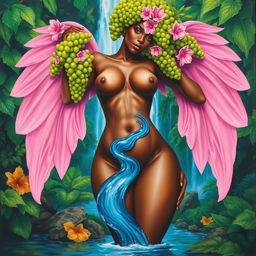 A polished oil-based painting of a full body view featuring a gorgeous nude black woman with bright green grapes forming her afro and ethereal pink wings