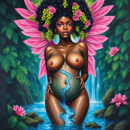 A polished oil-based painting of a full body view featuring a gorgeous nude black woman with bright green grapes forming her afro and ethereal pink wings