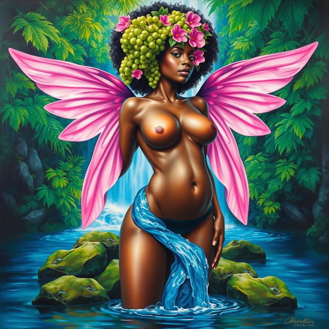 A polished oil-based painting of a full body view featuring a gorgeous nude black woman with bright green grapes forming her afro and ethereal pink wings