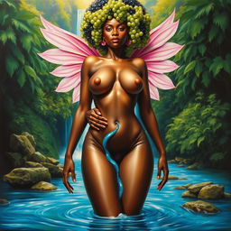 A polished oil-based painting of a full body view featuring a gorgeous nude black woman with bright green grapes forming her afro and ethereal pink wings