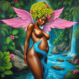 A polished oil-based painting of a full body view featuring a gorgeous nude black woman with bright green grapes forming her afro and ethereal pink wings