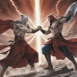 A dynamic scene from the manga, 'Record of Ragnarok', showcasing a pivotal fight between two prominent characters amidst the grand divine setting.