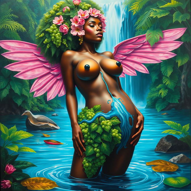 A polished oil-based painting of a full body view of a gorgeous nude black woman with a bright green grapes afro and ethereal pink wings