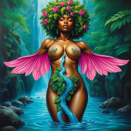 A polished oil-based painting of a full body view of a gorgeous nude black woman with a bright green grapes afro and ethereal pink wings