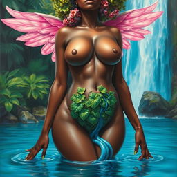 A polished oil-based painting of a full body view of a gorgeous nude black woman with a bright green grapes afro and ethereal pink wings