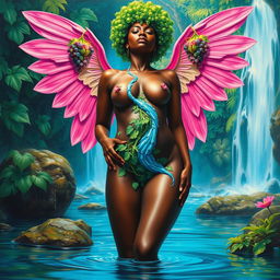 A polished oil-based painting of a full body view of a gorgeous nude black woman with a bright green grapes afro and ethereal pink wings