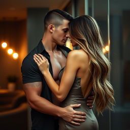 A sexy couple embracing passionately in a modern and stylish setting, highlighting their undeniable chemistry and connection