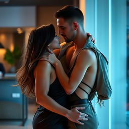 A sexy couple embracing passionately in a modern and stylish setting, highlighting their undeniable chemistry and connection