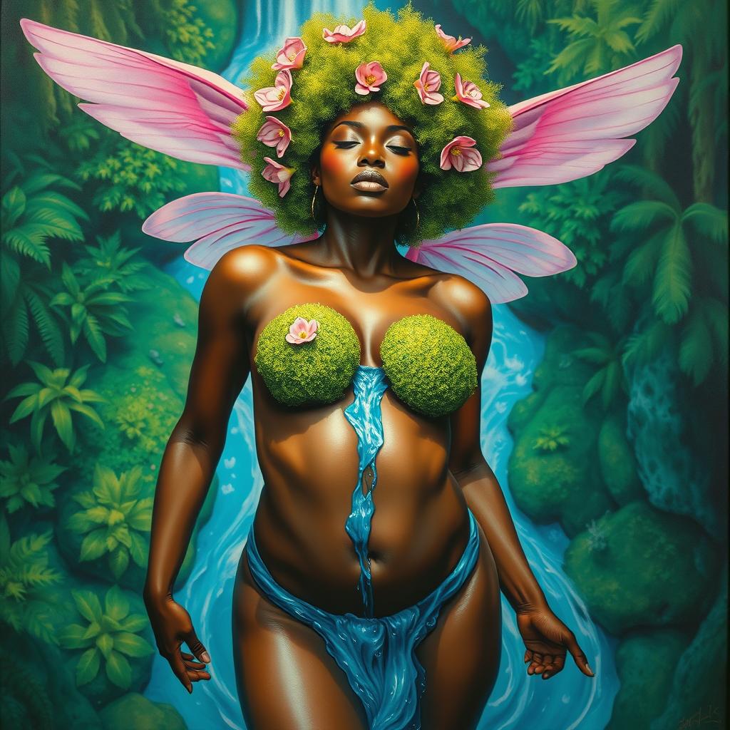 A polished oil-based painting from an aerial view capturing the full body of a gorgeous nude black woman with a bright green moss afro and ethereal pink wings