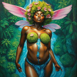 A polished oil-based painting from an aerial view capturing the full body of a gorgeous nude black woman with a bright green moss afro and ethereal pink wings