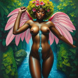 A polished oil-based painting from an aerial view capturing the full body of a gorgeous nude black woman with a bright green moss afro and ethereal pink wings