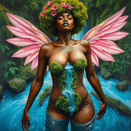 A polished oil-based painting from an aerial view capturing the full body of a gorgeous nude black woman with a bright green moss afro and ethereal pink wings