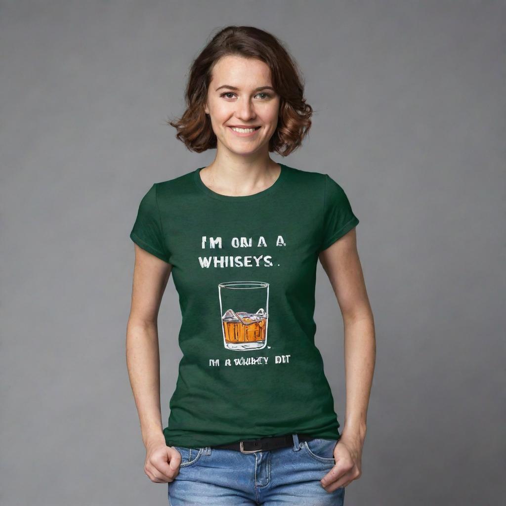 A casual t-shirt design featuring the joke 'I'm on a whiskey diet. I've lost three days already.' Stylish, fun and quirky - suitable for all genders. The text is coupled with relevant, simple, light-hearted graphics.