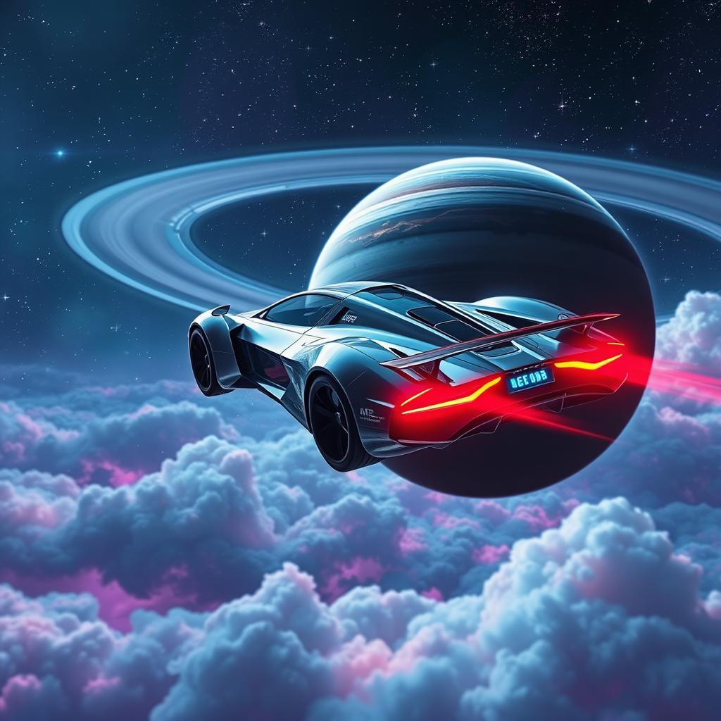 A futuristic flying car soaring through the vastness of space, with sleek, aerodynamic design and glowing neon lights