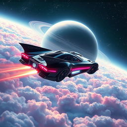 A futuristic flying car soaring through the vastness of space, with sleek, aerodynamic design and glowing neon lights