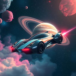 A futuristic flying car soaring through the vastness of space, with sleek, aerodynamic design and glowing neon lights