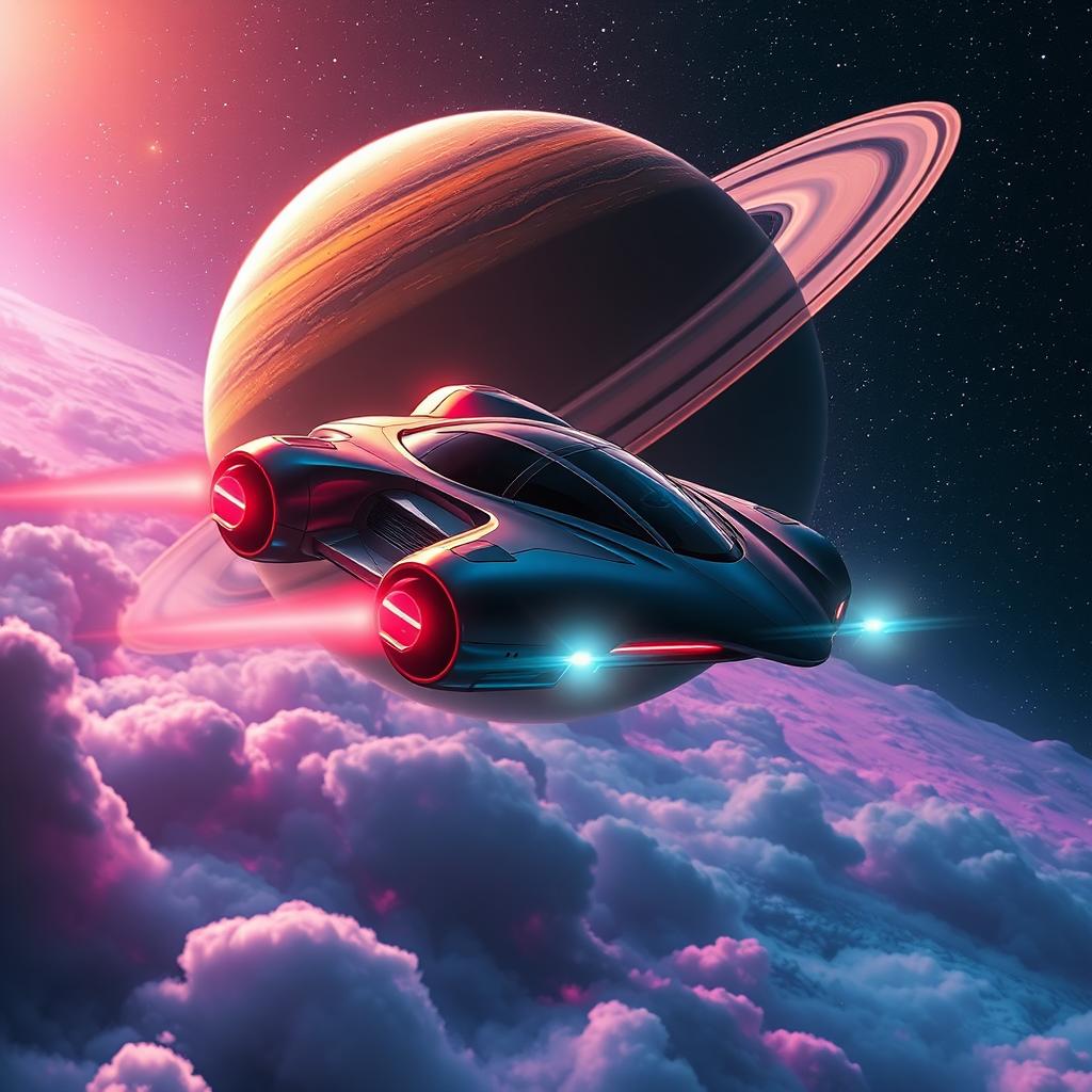 A futuristic flying car soaring through the vastness of space, with sleek, aerodynamic design and glowing neon lights