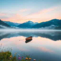 A serene landscape depicting a tranquil lake surrounded by lush green mountains