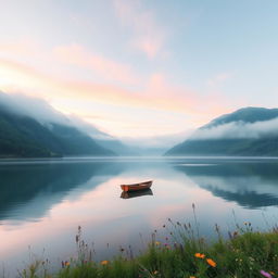 A serene landscape depicting a tranquil lake surrounded by lush green mountains