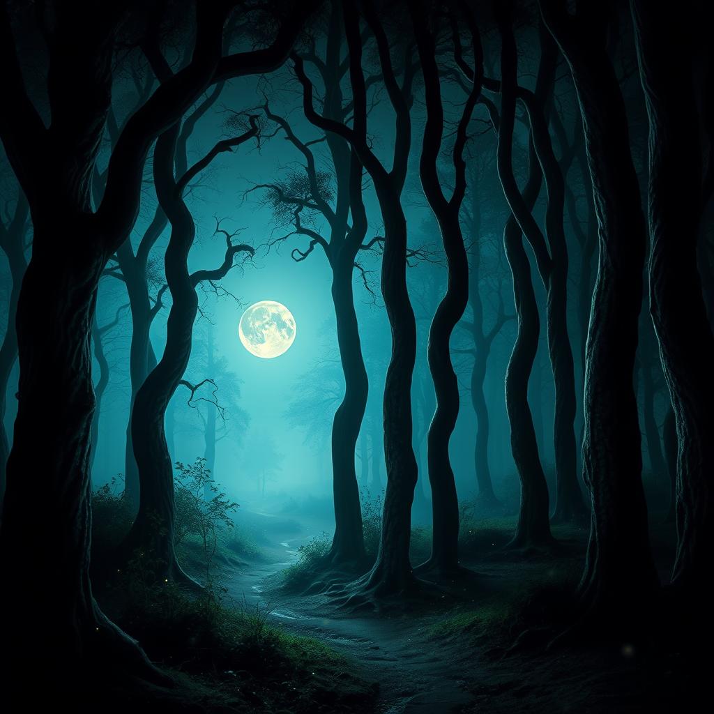 A mysterious forest bathed in moonlight, with tall, twisting trees