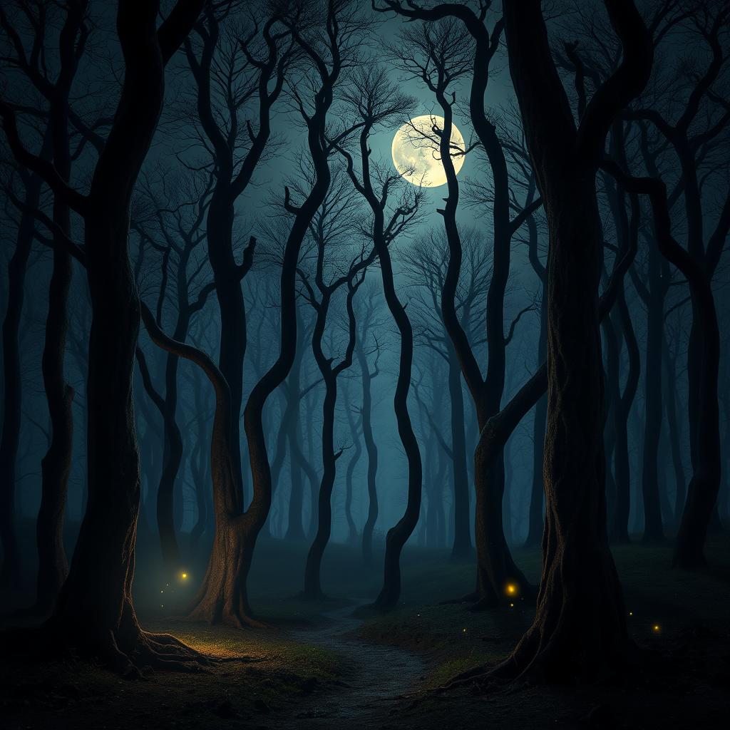 A mysterious forest bathed in moonlight, with tall, twisting trees